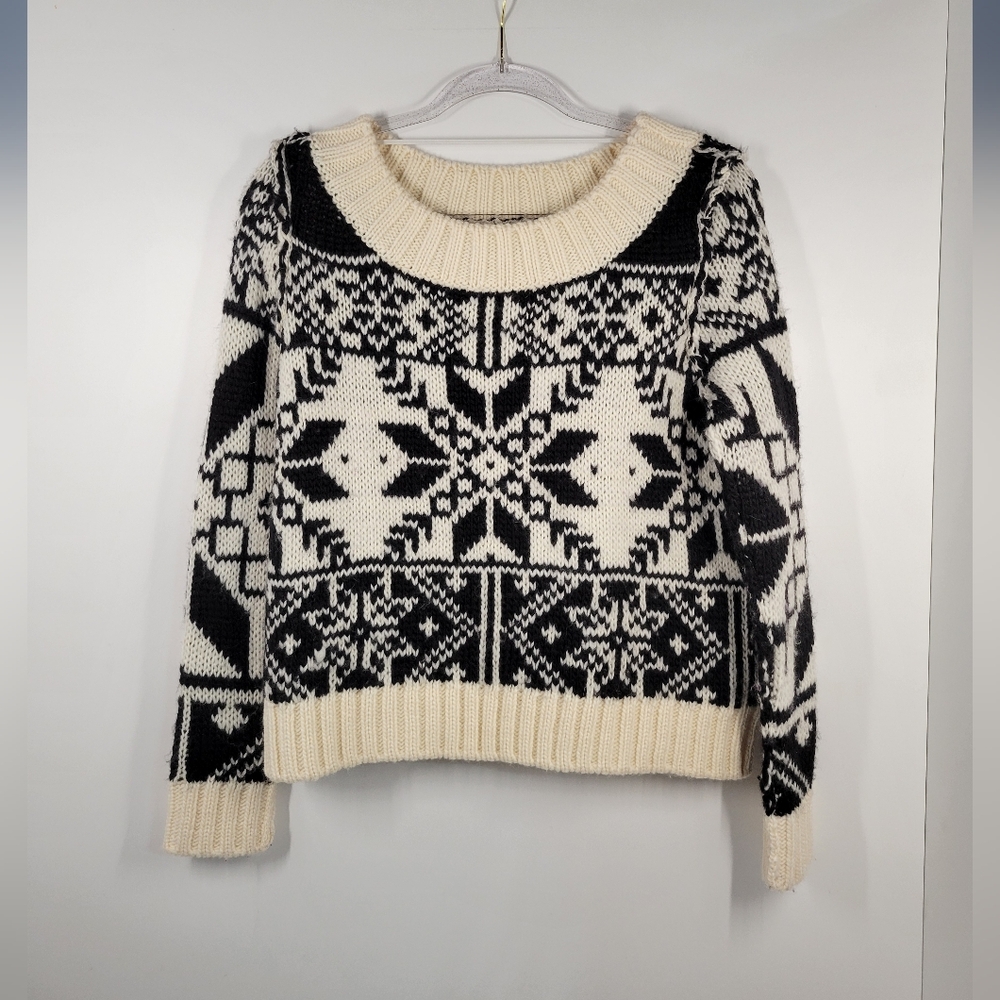 FREE PEOPLE Ivory And Black Snowflake Wool Blend Oversized Sweater Size XS